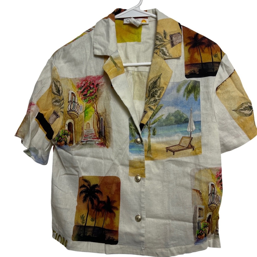 C&C California Womens XS Linen Blend Tropical Postcard Print Button Down Shirt